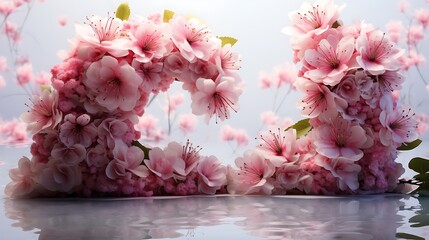 a large number of pink cherry blossoms forming the shape of "20", with clear water and reflection