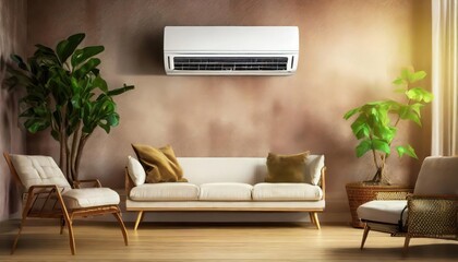 Air conditioner on wall background placed at front in living room. Selective focus. 