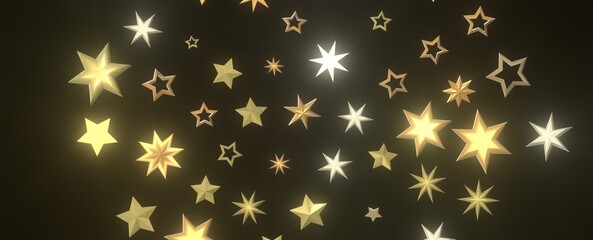 Banner with golden decoration. Festive border with falling glitter dust and stars.