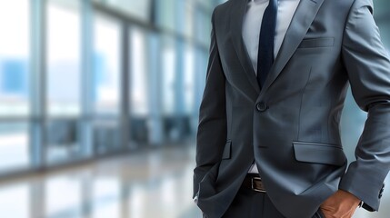 Close up of Businessman in formal suit with a tie, with his hands in his pockets. isolated on blurred office background. copy space. 