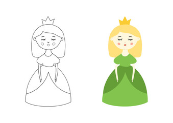 Coloring book page vector illustration. Color princess doll hand drawn flat clip art.