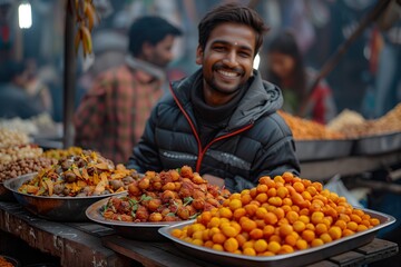 Fototapeta premium Happy tourist discovering the vibrant markets and street food of Delhi, India. Full color photo. Canon r5, aperture f/1.8 --ar 3:2 --stylize 750 Job ID: f8916560-d05e-44c1-8305-857d7e937912