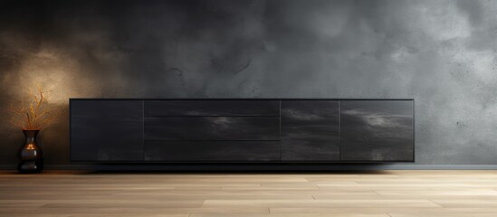 A modern, empty room featuring a large black cabinet against a black granite wall, illuminated by a lamp on a wooden floor.