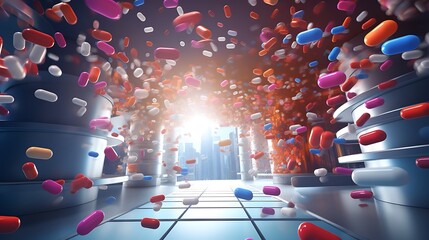 A futuristic and dynamic scene of vibrant, colorful pills falling from the sky into an advanced biotechnology laboratory with hightech equipment