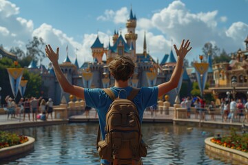 Happy tourist experiencing the magic of Disneyland in Anaheim, California. Full color photo. Canon r5, aperture f/1.8 --ar 3:2 --stylize 750 Job ID: 0ee3d0f0-9f2f-46d1-b28e-d5838e3a04e7 - obrazy, fototapety, plakaty