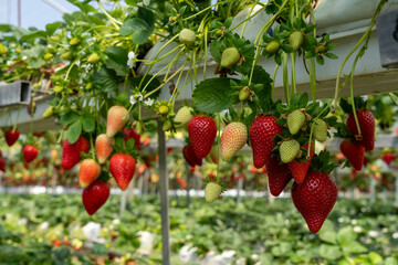Growing Organic strawberries in an agricultural greenhouse