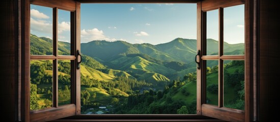 A dark brown wooden window is open, revealing a blurred view of green mountains in the distance....