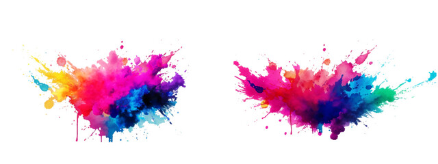 Bright colorful watercolor splash splatter stain brush strokes on white background. Modern vibrant aquarelle spot. Rainbow trendy isolated design on white. Element. Vector watercolor illustration.	
