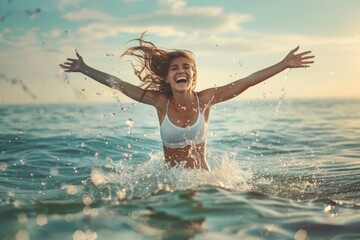 happy woman on the sea enjoying life  - obrazy, fototapety, plakaty