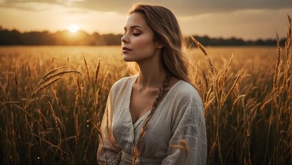 Portrait of calm happy smiling free woman with closed eyes enjoys a beautiful moment life on the fields at sunset