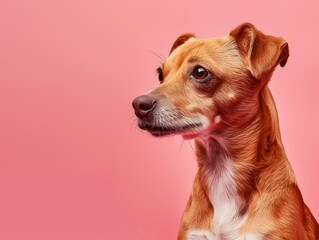 a tan dog with an attentive gaze, set on a striking pink background, highlighting its detailed fur texture.