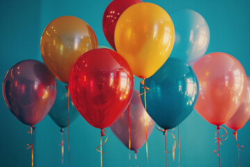 Colorful balloons against a teal backdrop