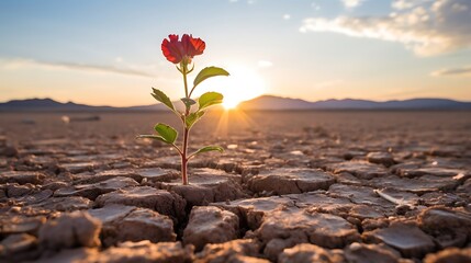  The flower of hope sprouting from cracked ground symbolizes the power to rise above desolation andsprites the sun rising over dry desert landscape - obrazy, fototapety, plakaty