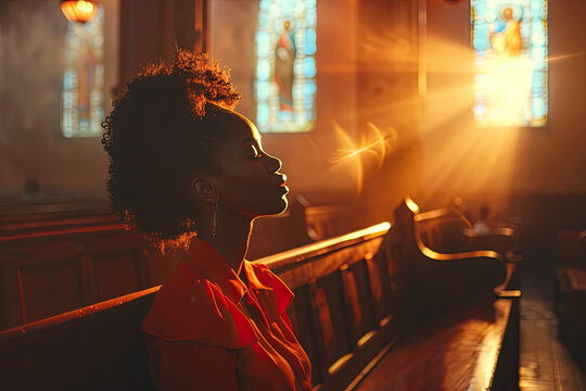 Portrait of black woman sitting on bench praying in the church in the sunbeams shining through the window.