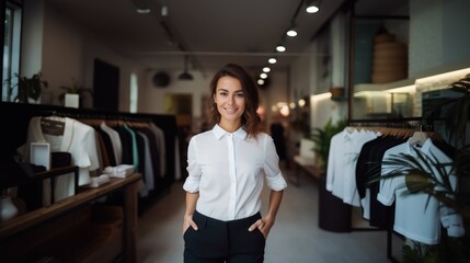 Fototapeta na wymiar attractive young woman fashion business owner posing at a clothing store, SME business online concept.