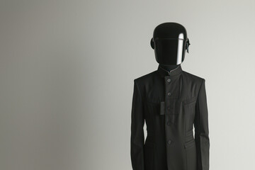 A headless mannequin donned in a stylish black suit and a shiny black helmet stands against a grey background, evoking a sense of mystery