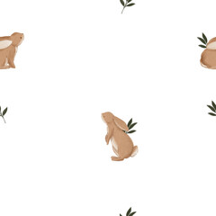 Woodland seamless pattern with floral and bunny  - 755474745