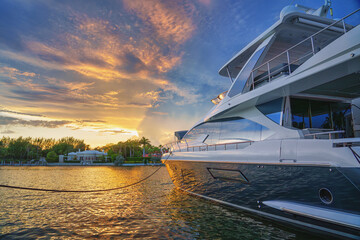 Luxury boat in Miami Beach at sunset, Florida, USA