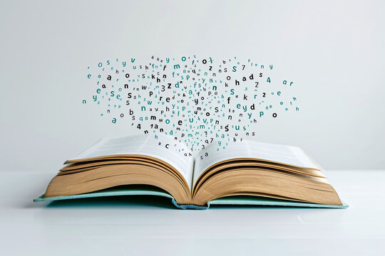 Open book with teal and black icons flying out on white background