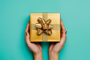 Hands holding a gold gift box with a bow on a blue background