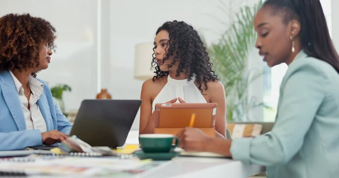 Meeting, teamwork and technology with business women in boardroom of office for design or planning. Collaboration, creative and workshop with young designer people talking strategy or direction