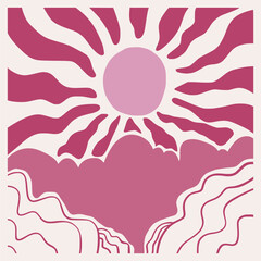 Abstract pink sun and clouds panorama posters. Organic doodle shapes matisse style, naive art, contemporary backgrounds. beach and sun vector illustration