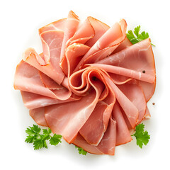 Sliced boiled ham sausage isolated on white background, top view