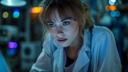 Portrait of a young female scientist in a  clinical laboratory environment with a focused expression