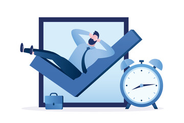 Businessman relax on complete checkmark with alarm clock. Fast and easy completed task. Finish work within deadline, efficiency and productivity. Tick checkbox, work done, - obrazy, fototapety, plakaty