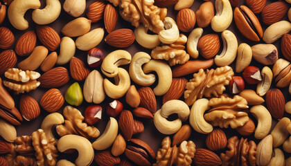A close up of nuts and seeds, including walnuts, almonds, cashews, and peanuts - obrazy, fototapety, plakaty