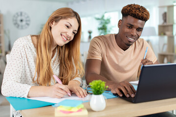 happy mixed-race couple doing their accounts on the computer