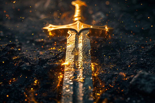 Golden sword embedded in dark stone with sparks and embers