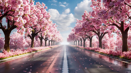 桜並木,満開の桜,春のイメージ素材/AI生成画像