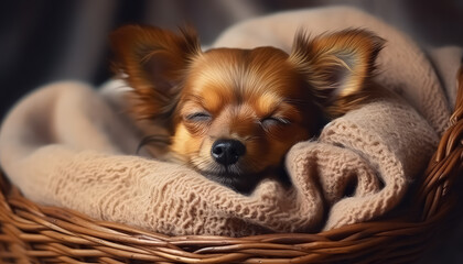 A brown dog is sleeping in a basket with a blanket