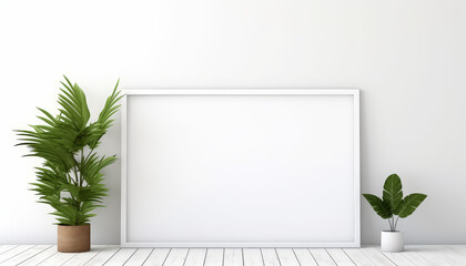 A black frame with a white background sits on a wooden table