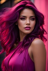 A Closeup Portrait of a Beautiful Woman with Purple Lips, Hair, and wearing a shiny, purple top.
