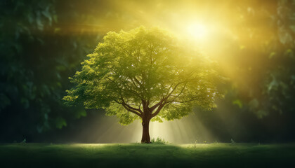 A tree is in the foreground of a bright, sunny day