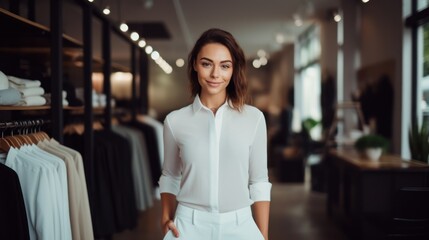 attractive young woman fashion business owner posing at a clothing store, SME business online concept.