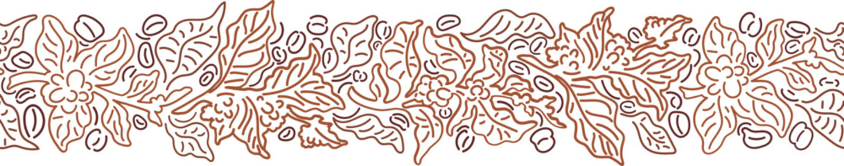 Coffee line pattern. Abstract border. Branch, graphic beans. Seamless background for cafe packaging, textile print