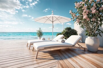 Sunbeds and umbrella on the beach. 3d rendering.