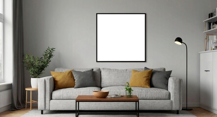 Blank poster frame mockup on white living room wall