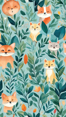 Beautiful seamless vector floral pattern with animals and tropical leaves flowers, spring summer background, palm leaves, jungle leaf, Wild animals, bird, Exotic wallpaper, Hawaiian, watercolour style