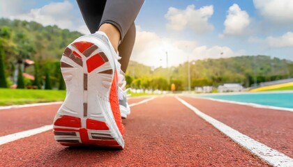 Focus on the shoes worn by the athlete in the starting position . Athletic running track 