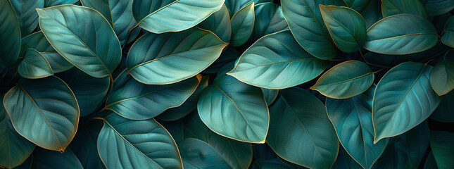 Lush green tropical leaves with a moody, dark aesthetic, suitable for backgrounds or nature themes. - obrazy, fototapety, plakaty