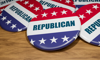 Close-up republican badges with the national flag of the United State and in the word 