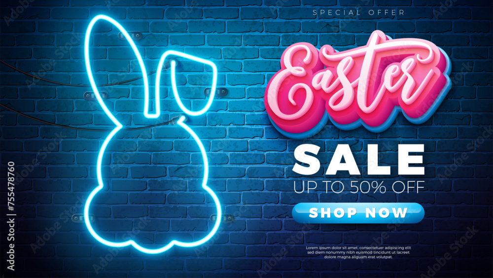 Wall mural happy easter sale with rabbit silhouette made of glowing neon light on vintage brick wall background