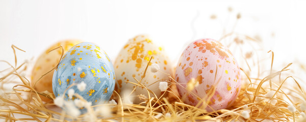 Easter holiday concept with many pastel colored eggs in straw and grass. Image with copyspace.