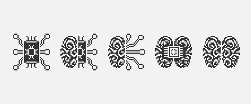 black and white simple 1bit pixel art set of artificial intelligence icons. brain and chipset