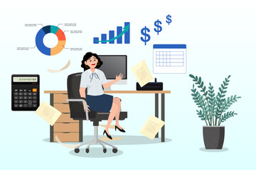 Business woman accountant working in the office, accountant calculate tax, finance or accounting document, manage invoice, office financial chart and graph, money report or balance audit (Vector)