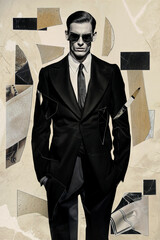 A retro styled handsome male fashion model wearing suit and sunglasses. collage art. Fashion, pop...